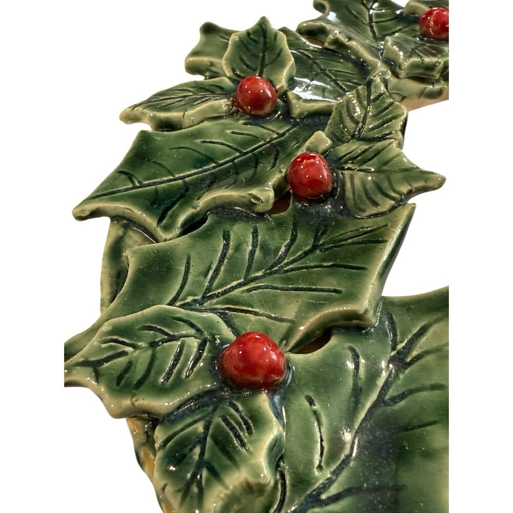 Handmade Pottery Holly Wreath 3D Decor Christmas Holiday 10” Studio - Picture 4 of 9